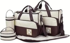 5-Piece Baby Changing Bag Set Large Capacity Nappy Diaper Mummy Bags Brown