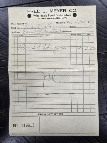 1943 Fred J Meyer Food Distributor Potato Chips Madison WI Receipt Billhead - Picture 1 of 3