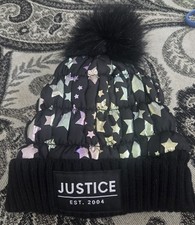 Justice Girls' Black Metallic Puffer Beanie Hat With A Faux Fur Pom-Pom