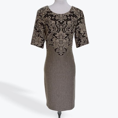 Connected Apparel Womens Damask Geometric Sheath Dress Black Beige Size 6