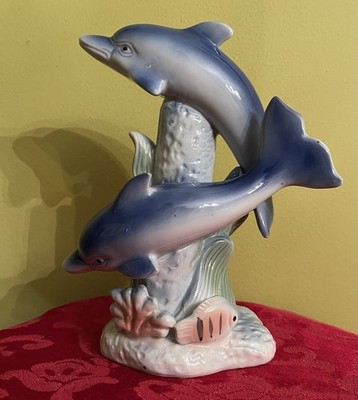 Vintage Porcelain Figurine of Two Dolphins Playing In The Water 8  Tall 7  Wide