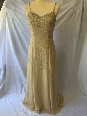 Caterina Collection Gold Beaded Sequin Chiffon Gown Sweetheart Open Back 8