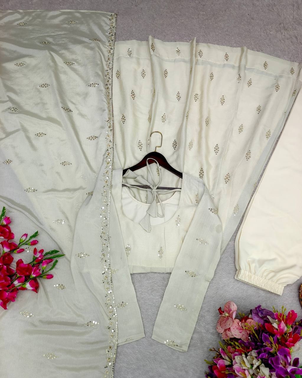 Presenting Pure Chinon Silk Off White Gown Bottom With Dupatta For Women Wear thumbnail 6