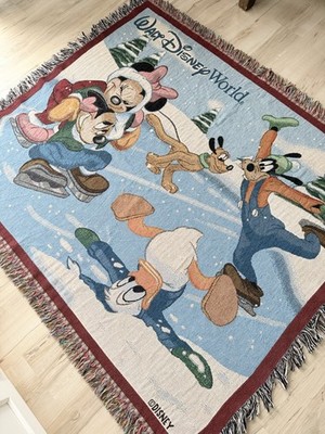 Vintage Walt Disney World Mickey Blanket Tapestry Woven Throw Minnie Goofy Ice