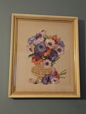 Vintage Hand Embroidered Floral Picture Anemones Flowers Gold Vase Cream Frame C