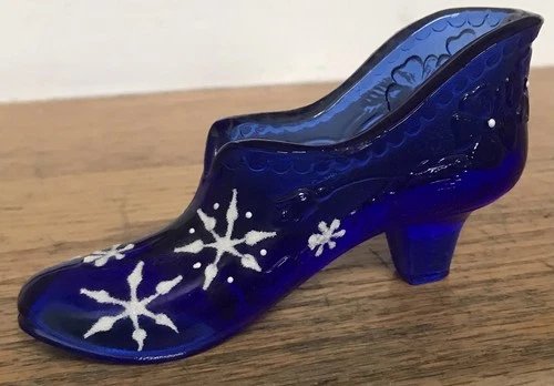 Fenton Cobalt Blue Glass Shoe Hand Painted Artist Signed