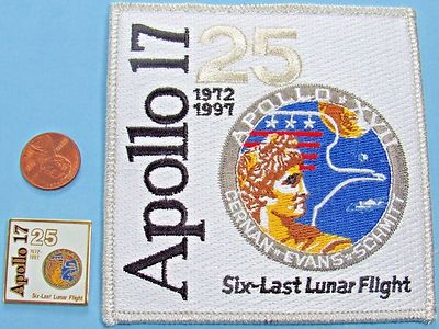 PATCH & enamel PIN PAIR vtg APOLLO 17 - 25th Anniversary - Last Lunar Flight