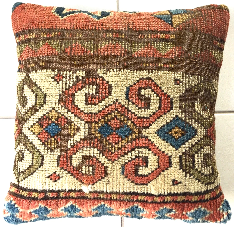 Antike Retro Moghan Kaukasus Teppich Kissen Handgeknüpft Grün Antique Pillow Rug - Bild 1 von 4