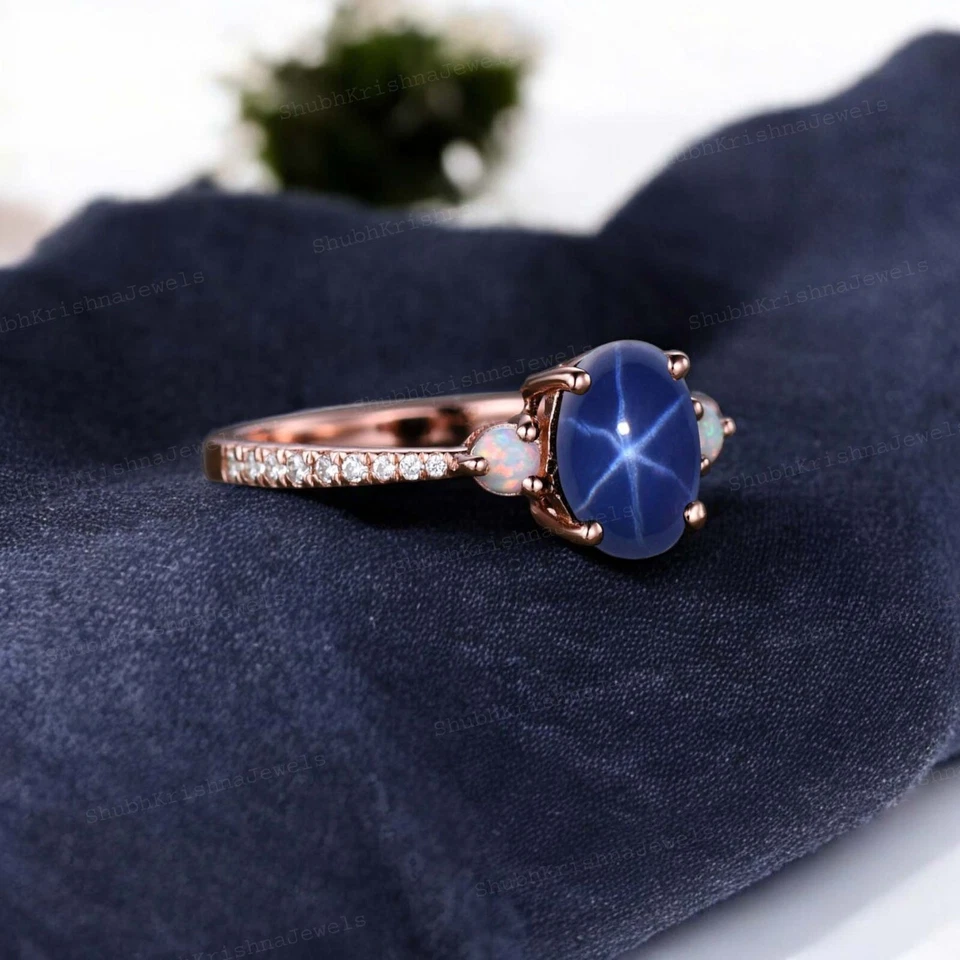 14k Rose Gold  8X6 mm Oval Cut Lab Created Star Sapphire Opal Women Gift Ring - Image 3 of 4
