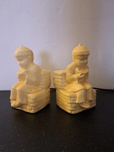 (2) Vintage Yellow Oriental Asian Boy w/ Rice bowl Planters Pottery ceramic (7)
