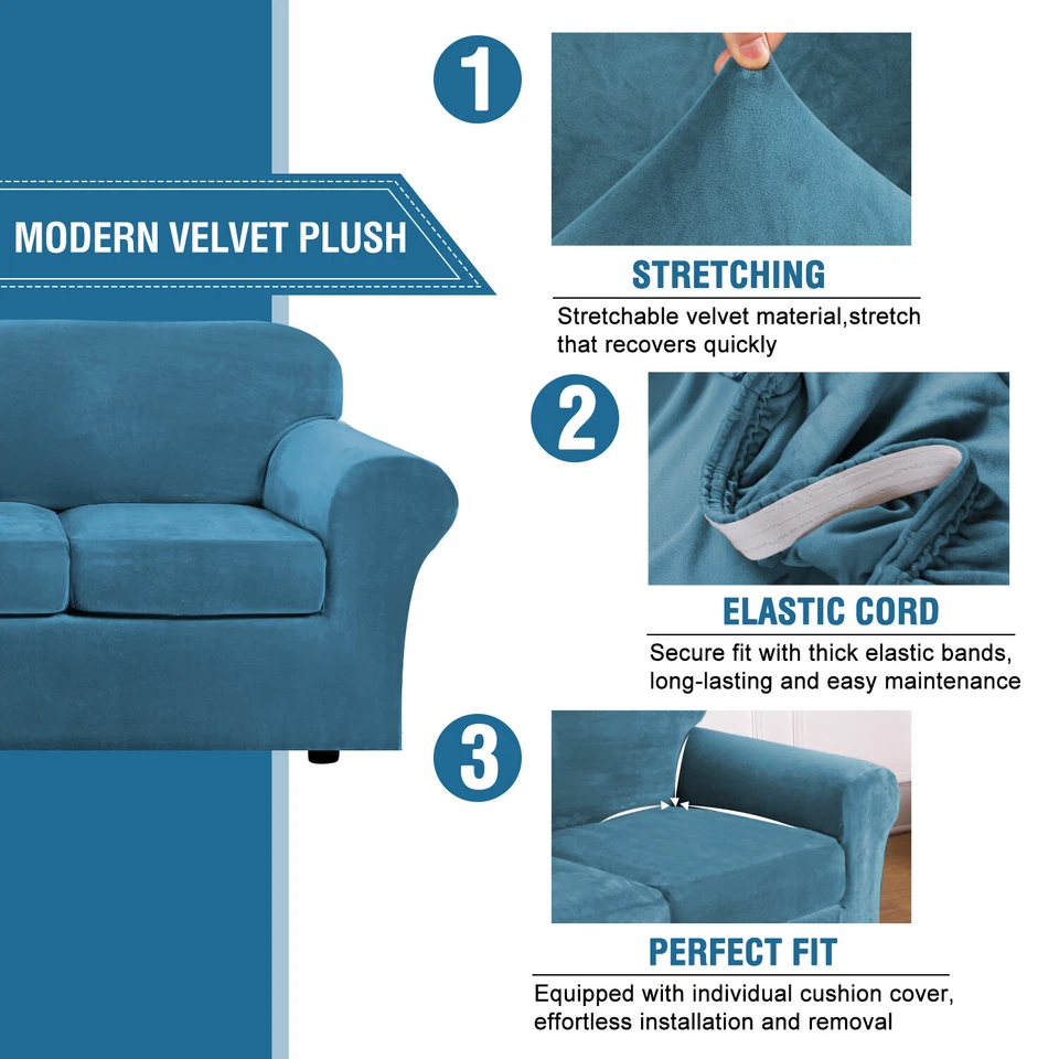 Velvet Plush Sofa Covers Stretch Couch Chair Slipcover Protector & Cushion Cover - Image 3 of 4