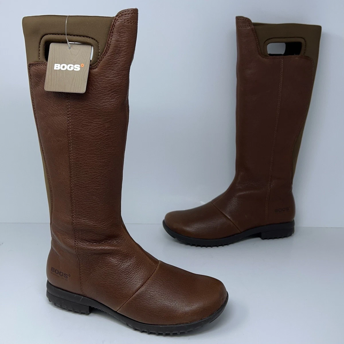 Bogs Womens Alexandria Tall Leather Rain Boots Brown Block Heel
