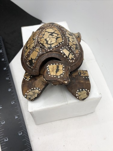 Handgeschnitzte Holz Schildkröte Schmuckschatulle Costa Rica Kunst eingebettet Strauß Eierschale - Bild 4 von 8