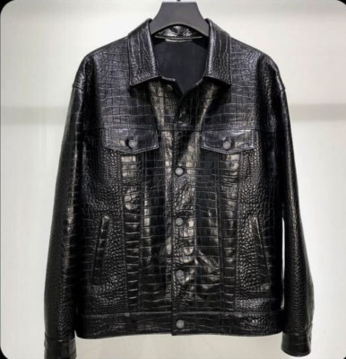 Mens Crocodile Embossed genuine Cowhide Leather Black Bomber Denim Jacket