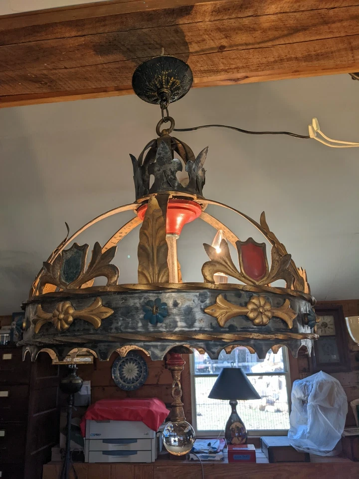 Антикварная полихромная чугунная люстра Arts Crafts Mission 3 лампы рабочая - Изображение 4 из 4