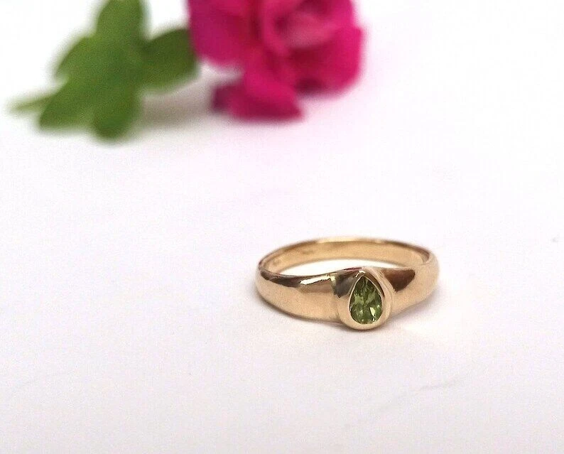 14k Solid Yellow Gold Natural Peridot Minimalist Solitaire Engagement Ring J148 - Image 4 of 4