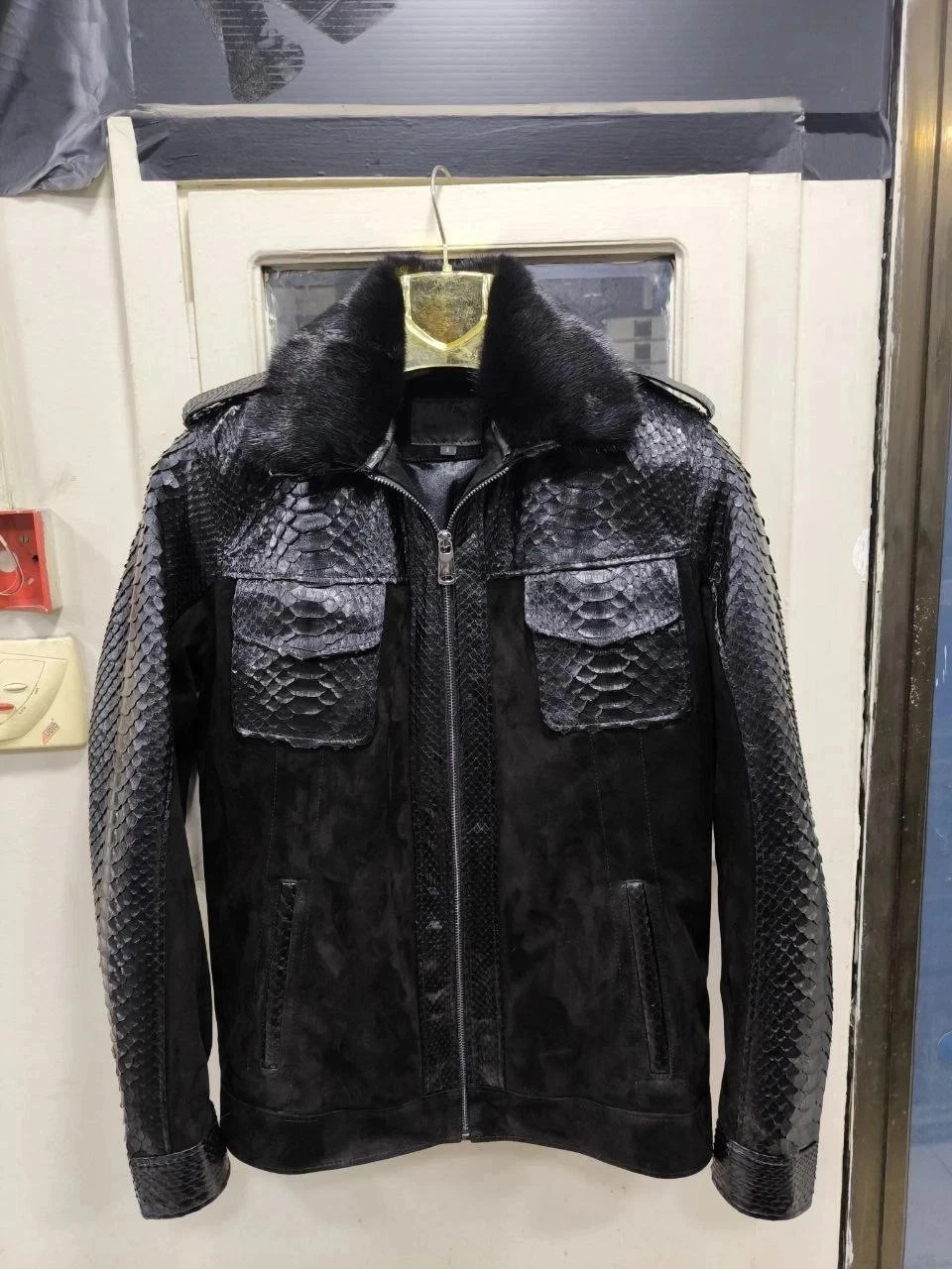 Men's Black Python Snakeskin Suede Leather Jacket Fur Collar Luxury Exotic Coat