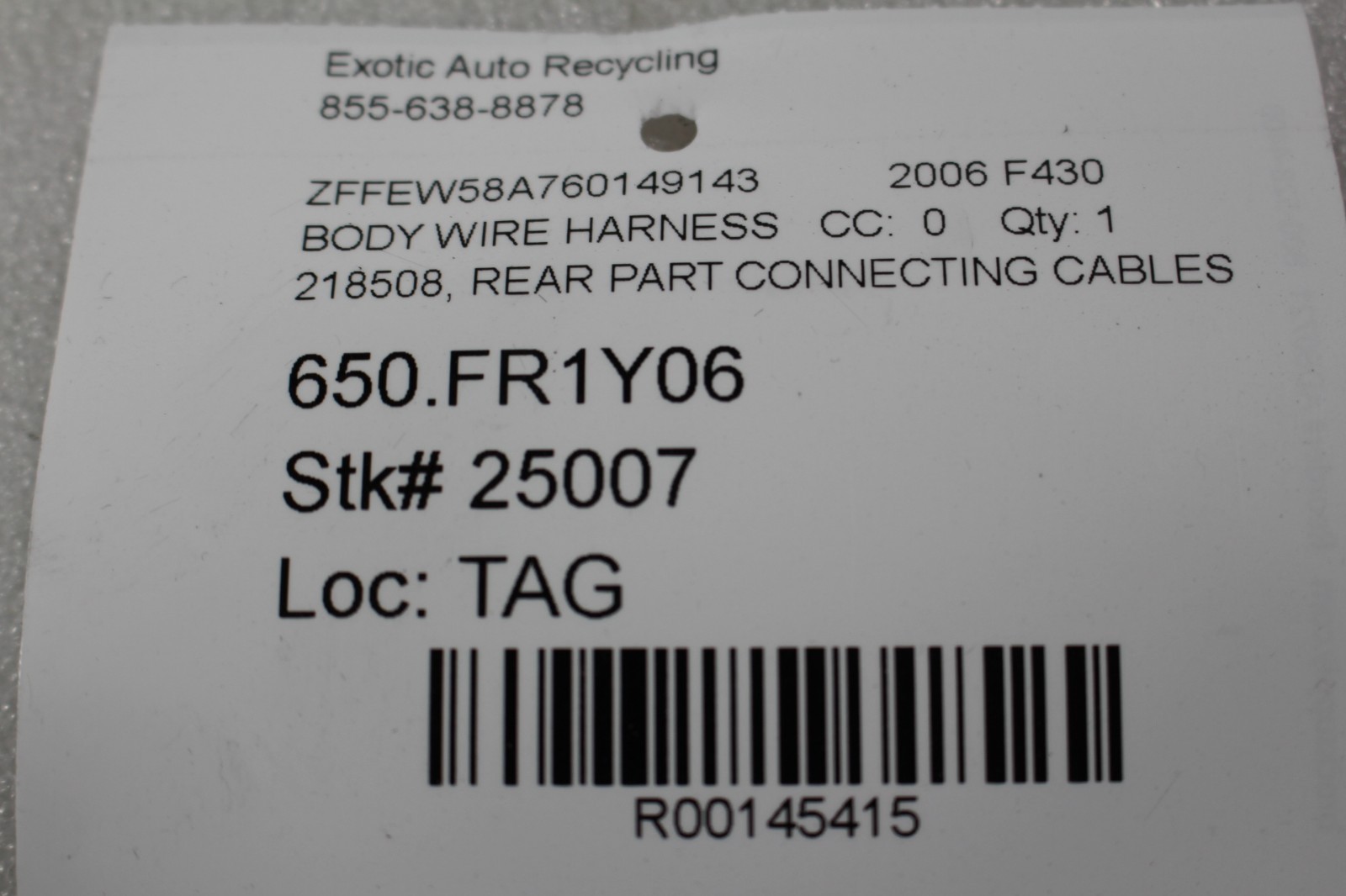 Ferrari F430, LH, Left, Tunnel Wire Harness, Used, P/N 218508