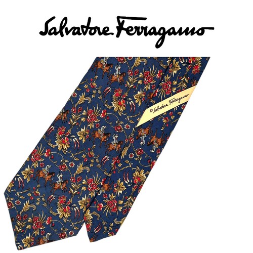 Corbata azul Salvatore Ferragamo - Corbata de seda italiana con motivo floral para jinetes ecuestres - Imagen 1 de 10