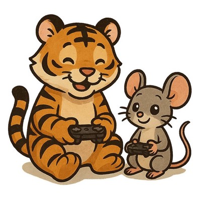 Tiger und Maus 9x9 cm Autoaufkleber Sticker Videospiele spielen