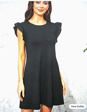 Womens Ruffle Trim Black Flared Dress w/ruffle cap sleeves Size Medium