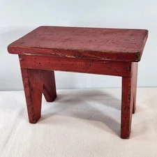 Vintage Red Painted Wooden Child's Stool Bench Farmhouse COUNTRY HOME 12x9x7"