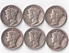 Lot of Six 90% Silver Mercury Dimes - 1936P, 1937P, 1943D, 1944P, 1944S, 1945S
