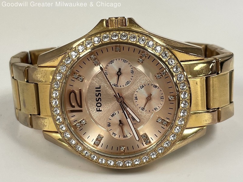 Fossil Gold Tone Rhinestone Accent Stainless Steel Men's Chronograph Watch 106g