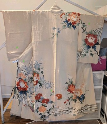 Woman Japanese Kimono Houmongi Silk Yuzen Peony Flower Water Light Beige 150cm