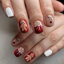 24pcs Christmas Press-On Nails Short Red and Amber, Reindeer, Gingerbread Design