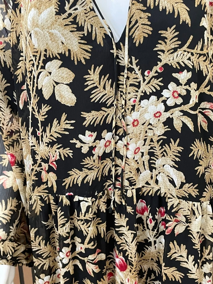 Vestido para mujer H&M L marrón poliéster calce y acampanado floral chifón con volantes boho Foto 3 de 4