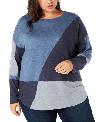 I-N-C Womens Scoop Hem Pullover Sweater, Blue, Plus Size, 1X