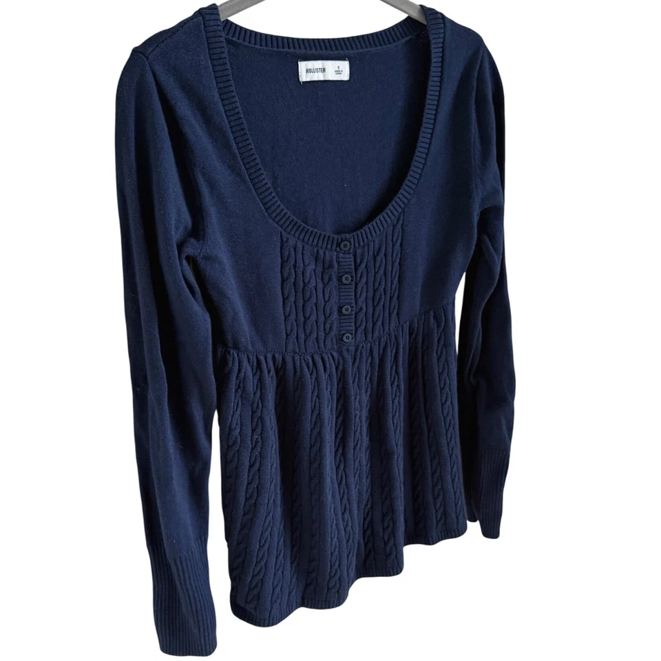 Suéter Babydoll Y2K Hollister Azul Marino Tejido con Cable S Suave Vacaciones Acogedora Capa de Invierno Foto 3 de 4