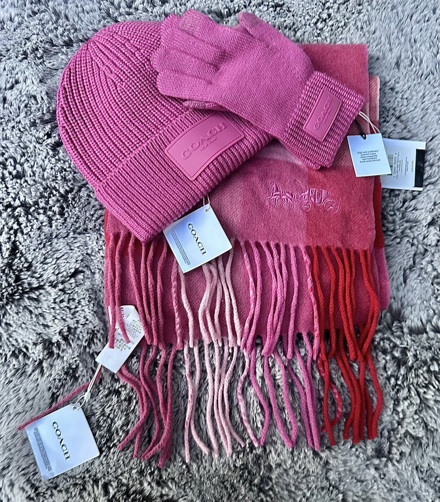 NEW 3 Piece Coach Wool soft like Cashmere Pink Scarf Beanie Gloves Gift Set $424
Opens in a new wind