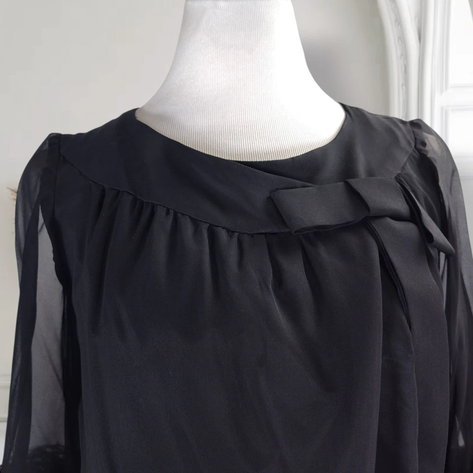 Vintage 60s Black Silk Chiffon Wrap Dress Ostrich Feather Trim Bell Sleeves - Image 3 of 4