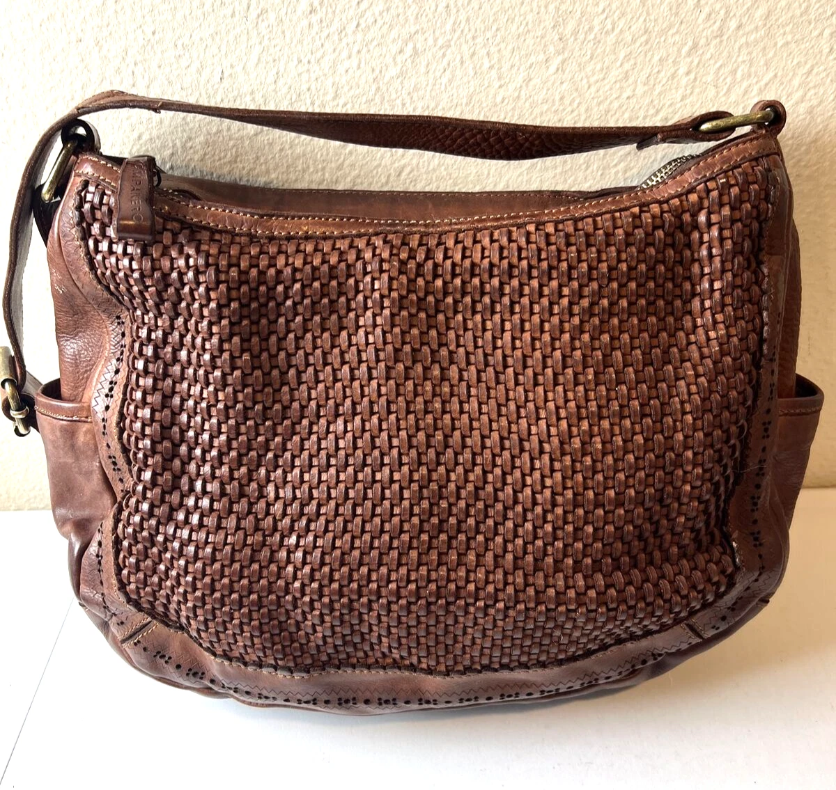 KOMPANERO Italian Woven Cognac Leather Tote Bag CROSSBODY