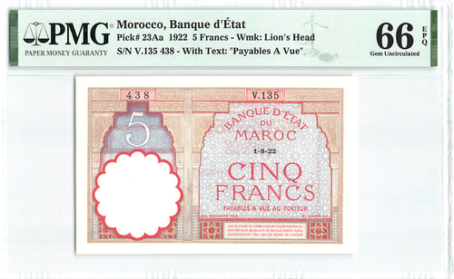 Morocco 5 Francs, Banque d'Etat du Maroc,  1922,  P-23Aa,  PMG 66 EPQ, TOP POP - Afbeelding 1 van 2