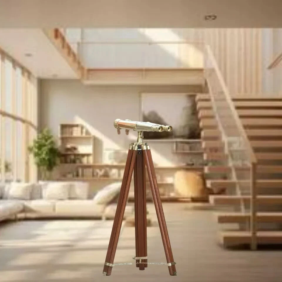 18" Nautical 1920s Brass Binoculars with Wooden Tripod Adjustable Floor Stand - Image 2 of 4