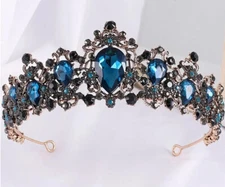 Vintage Goth Blue Teal Tiara Bridal Crown Queen Prom gift metal diadem black