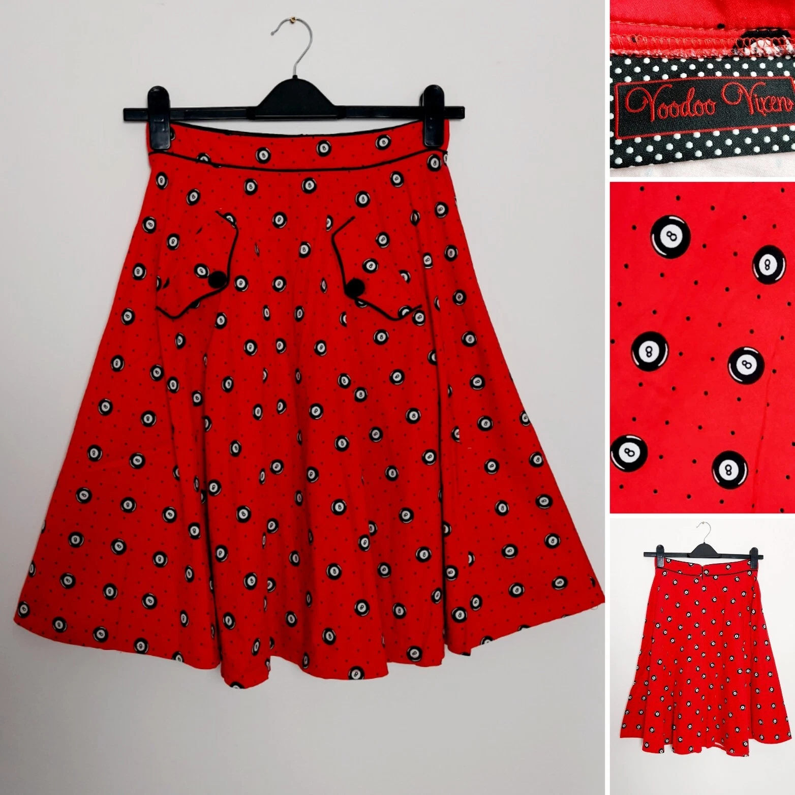 Voodoo Vixen Red Black Polka Dot 8 Ball Circle Skirt Size Small 50's Rockabilly