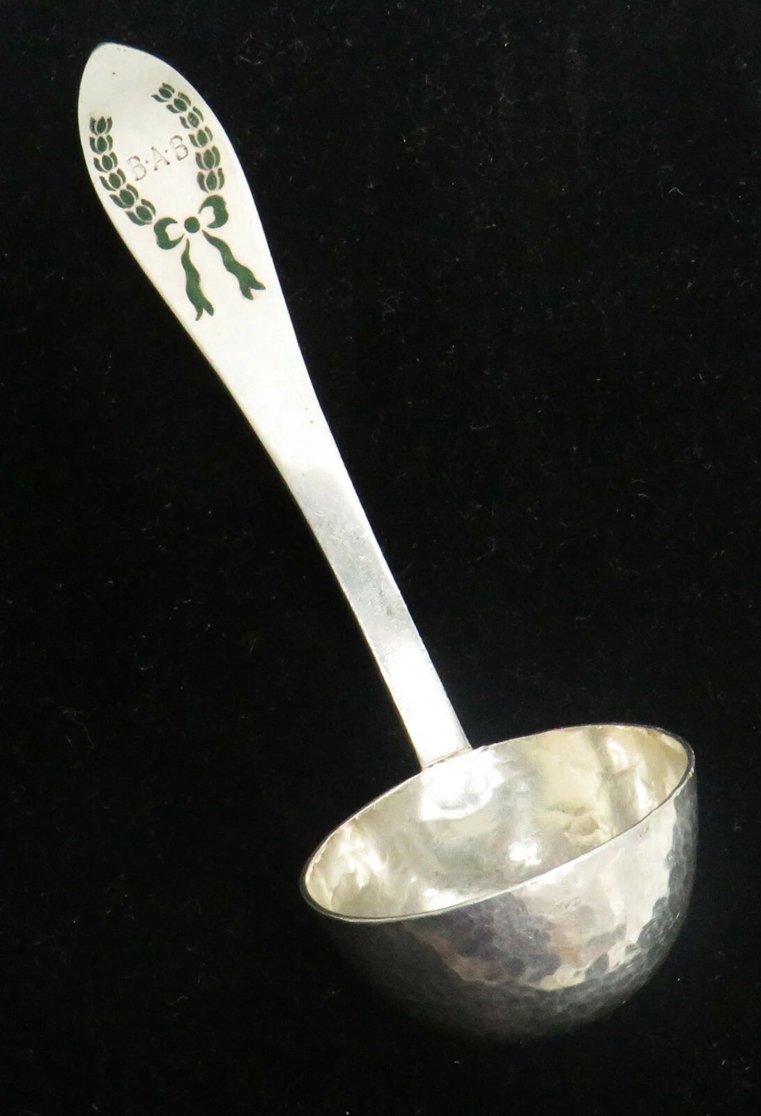 VINTAGE HANDMADE WITH GREEN ENAMELED STERLING SILVER 5" SAUCE LADLE