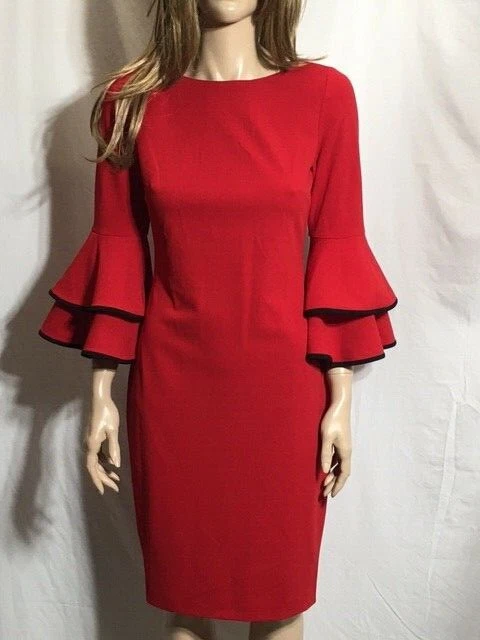 Women s NWT Calvin Klein Bell Sleeve Sheath Red Dress