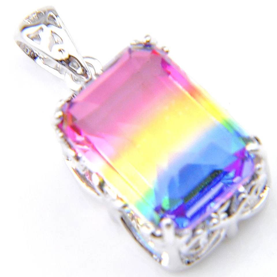 Romantic Rectangle Rainbow Mystic Fire Topaz Gemstone Silver Necklace Pendants - Image 4 of 4