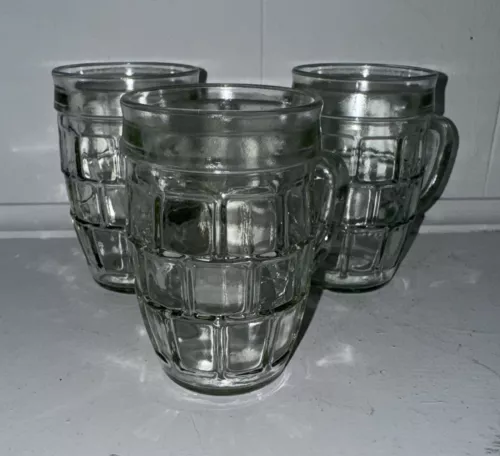 3 Small Green Vintage Glass Mugs Barrel Shape - Block Pattern