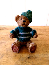 Teddy Bear Polyresin Figurine Wearing Knitted Green Sweater 5 Inches Tall