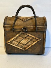Vtg Woven Rattan Wood Wicker Purse, sewing, picnic hard shell  F4