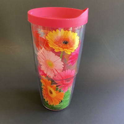 Tervis Tumbler Pink Lid 24 oz Gerber Daisy Flower Insulated Cup Hot Cold USA