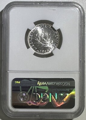 France 1919 Silver 1 Franc French Paris Mint BU Coin NGC MS63 Pure
