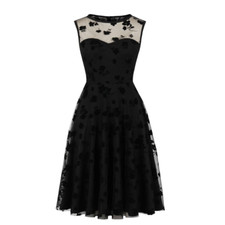Damen Netz Midi Kleid Ärmellos Durchsichtig Blumen Blatt Schwarz Party Elegant