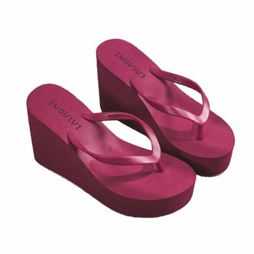 Damen Sommersandalen Plateau Keilabsatz Hausschuhe einfarbige Schuhe mittlere Absätze Flip Flops - Bild 24 von 59